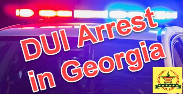 Police car with flashing lights with text: DUI Arrest in Georgia, emphasizing the consequences for a first DUI in Georgia