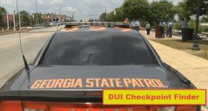 A Georgia State Patrol car with text overlay "DUI Checkpoint Finder" to symbolize that Waze is the best app for finding DUI checkpoints in real time