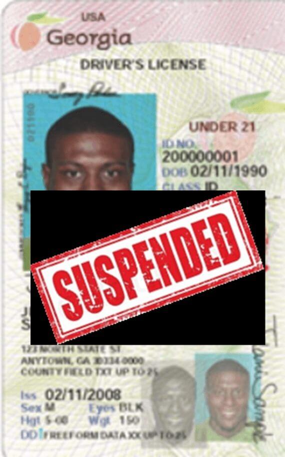 A picture of a Georgia driver's license with text "SUSPENDED" written in red, emphasizing the administrative license suspension after a DUI arrest in Georgia
