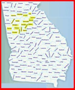 A map outline of the state of Georgia. Our traffic defense law firm represents Georgians statewide accused of traffic violations