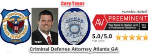 Atlanta criminal defense attorney Cory Yager with text: "Criminal Defense Attorney Atlanta GA" with a police officer badge and Cobb County police shield, emphasizing his background as a Cobb County police officer