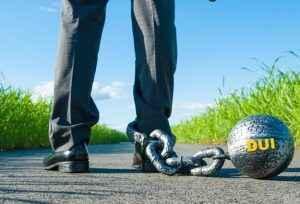 Man with ball and chain around leg wiith text "DUI" written symboling the lifelong consequences of a DUI conviction in Georgia
